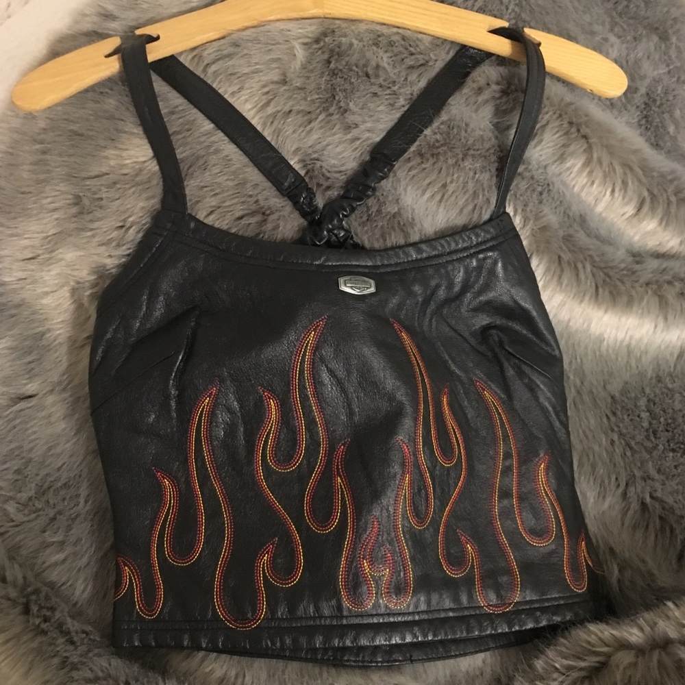 SOLD Harley Davidson Leather Flame Crop Top Tank